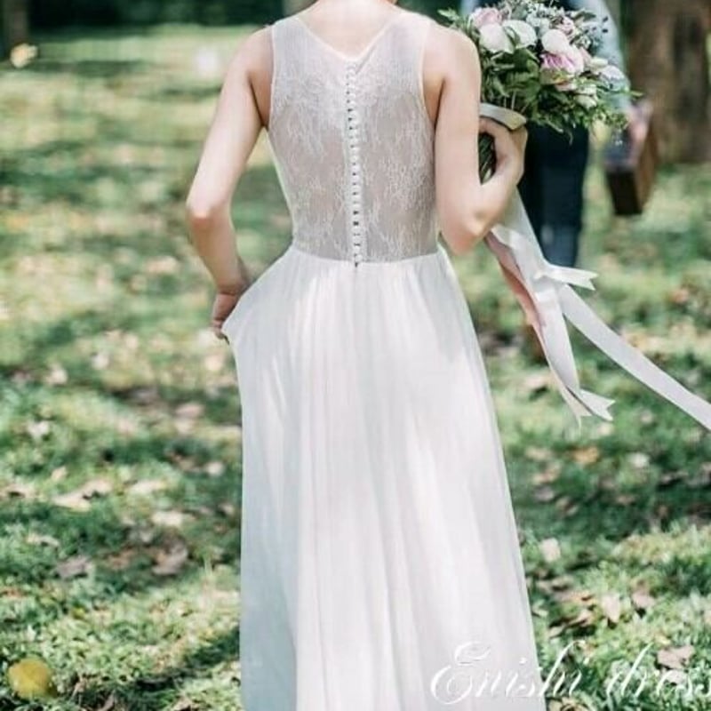 ウェディングドレス 前撮り ラウンドネック 花柄レースアル かわいい  