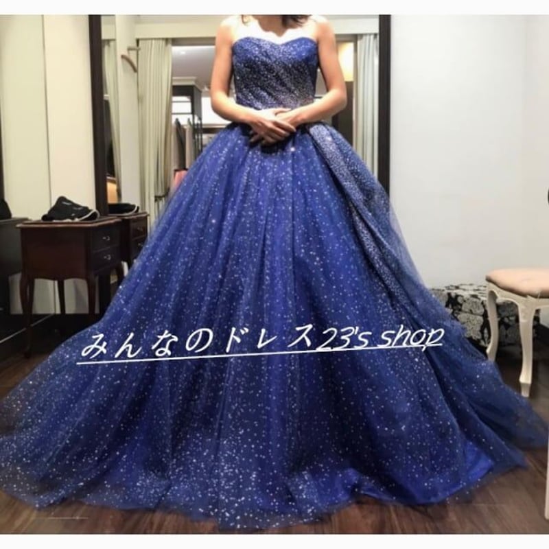 カラードレス 紺/ネイビー キラキラチュール ベアトップ 結婚式 カラードレス 紺/ネイビー キラキラチュール ベアトップ 結婚式