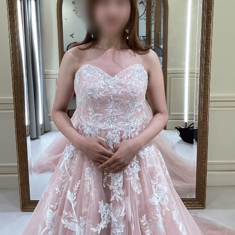 カラードレス 薄ピンク 魅惑の花レース ファスナー ベアトップ A カラードレス 薄ピンク 魅惑の花レース ファスナー ベアトップ A