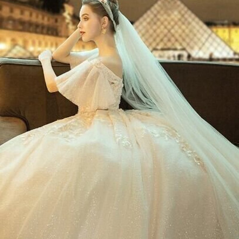 ウエディングドレス シャンパン色 ロングトレーン 繊細レース 編み上げ  