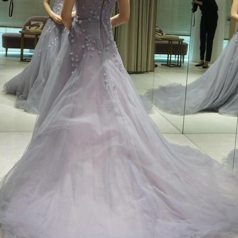 カラードレス ブルーグレー 花モチーフ ノースリーブ 前撮り  