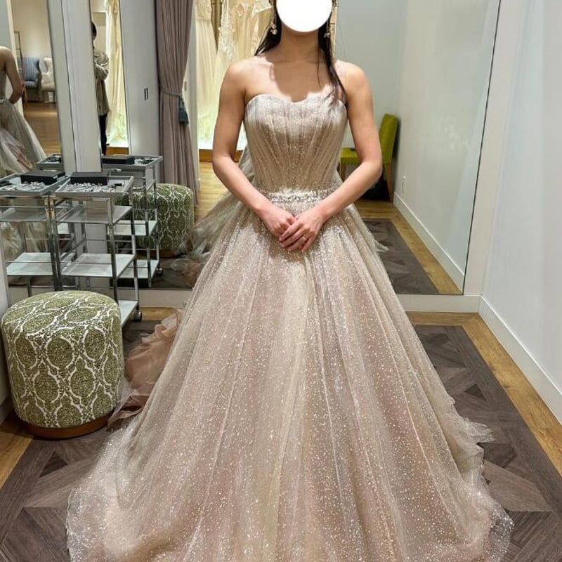 カラードレス カーキ色 取り外し袖 キラキラグリッターチュール  