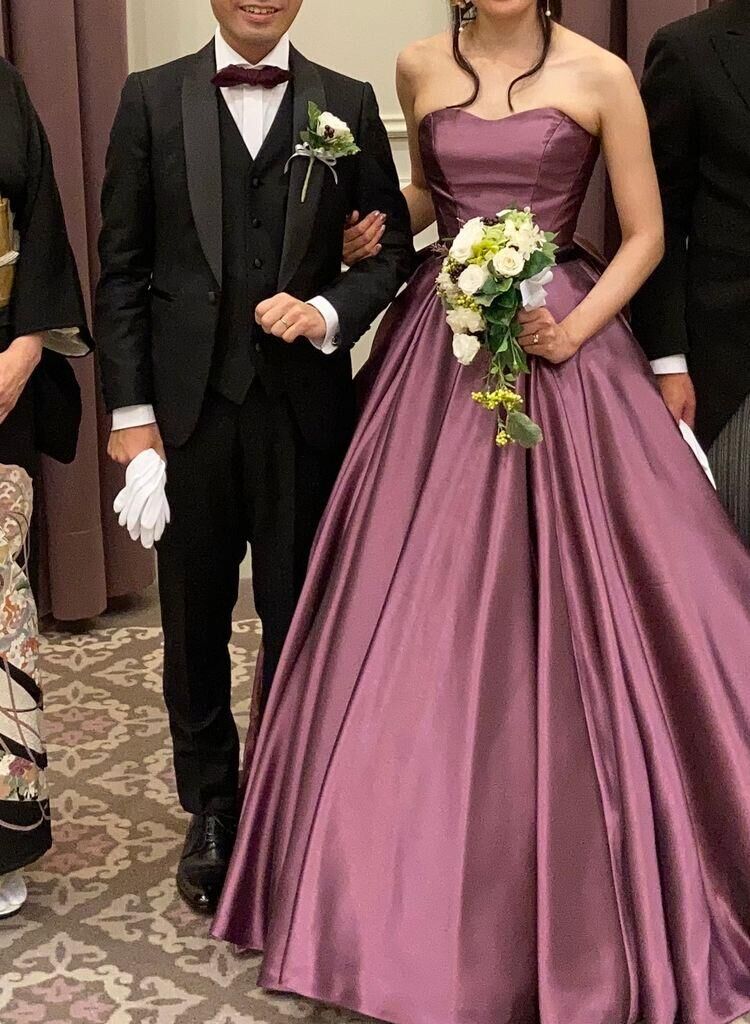 パープル パーティードレス ベアトップ 花嫁 結婚式 前撮り 編み上げ  