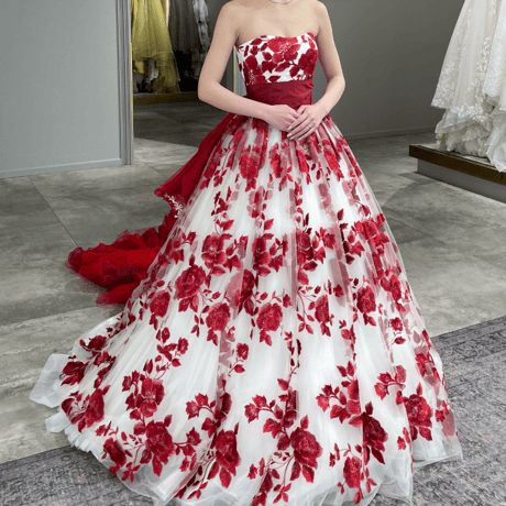 ピンク カラードレス キラキラチュール ベアトップ ラッフルフリル  