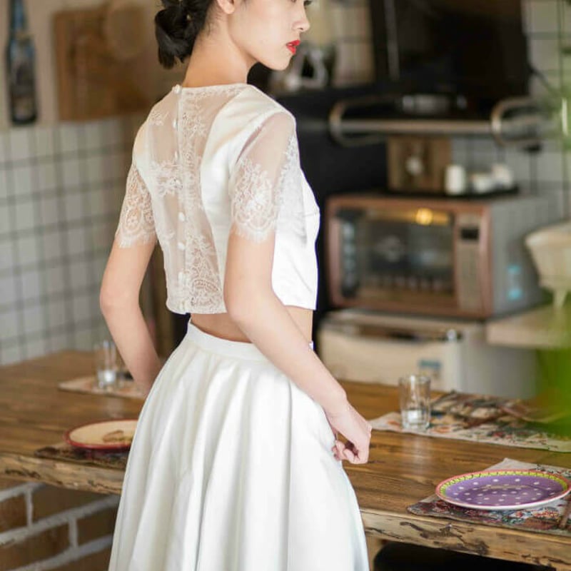 ウェディングドレス セパレートドレス サテン 半袖 レース オーガンジ  