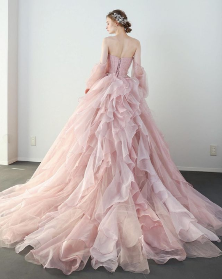 キラキラチュール カラードレス 薄ピンク 前撮り 長袖 ベアトップ  