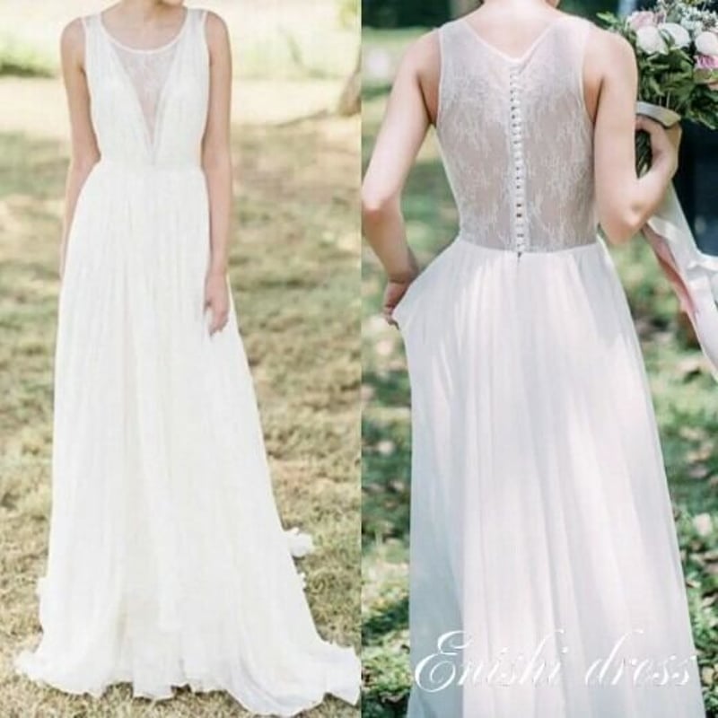 ウェディングドレス 前撮り ラウンドネック 花柄レースアル かわいい  