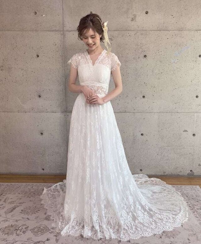ボヘミア レトロレース 背中空き ウェディングドレス 結婚式ドレスF114XLサイズ
