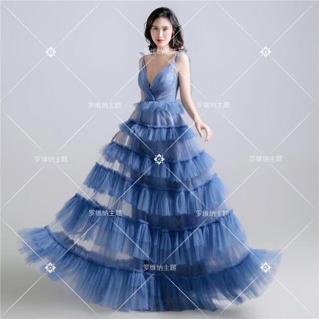 カラードレス 青/ブルー ソフトチュール 背中見せ 深Vネック  