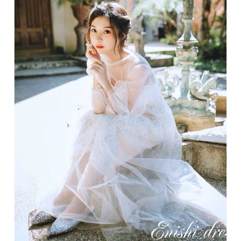 ウェディングドレス 長袖 Aライン レースドレスとオーバードレスセット  