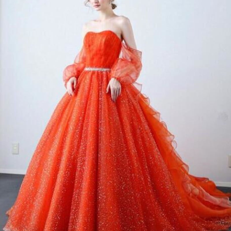 キラキラチュール カラードレス オレンジ ベルト 前撮り 長袖