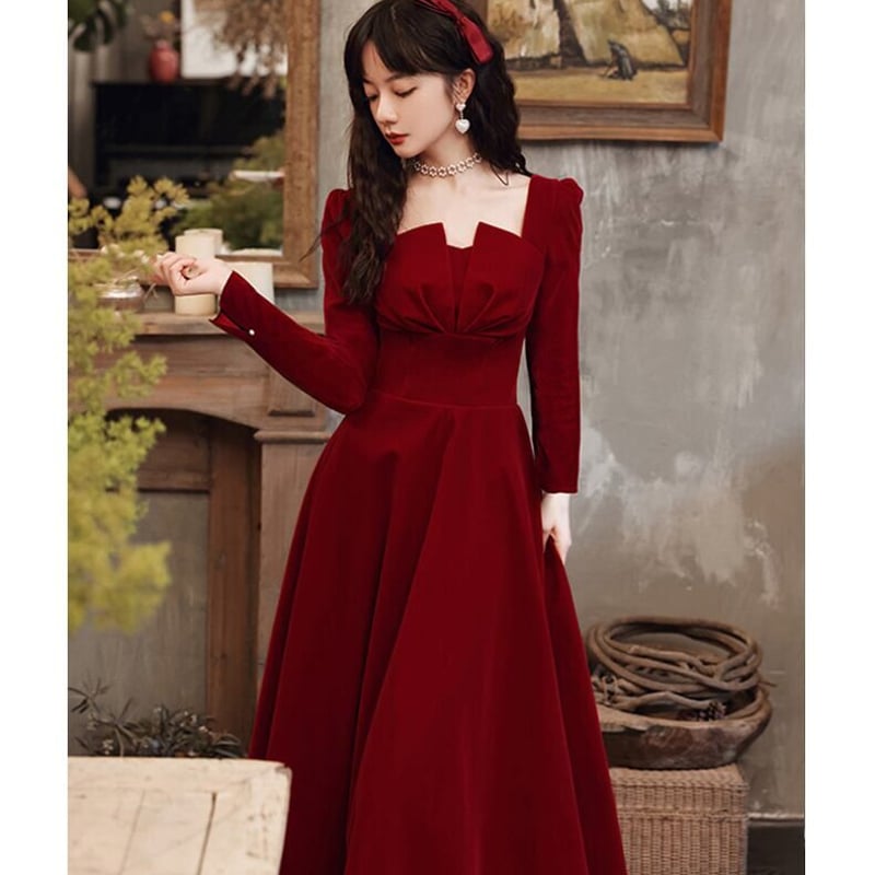 二次会 ワインレッド 長袖 パーティードレス エレガント 細見え  
