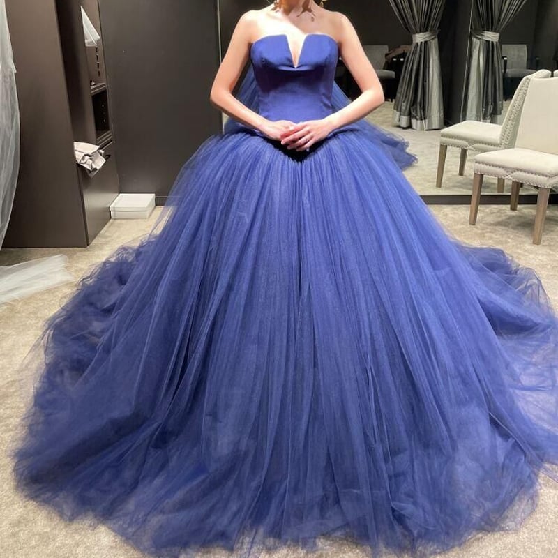 プリンセスライン カラードレス ベアトップ チュールスカート 青 花嫁  