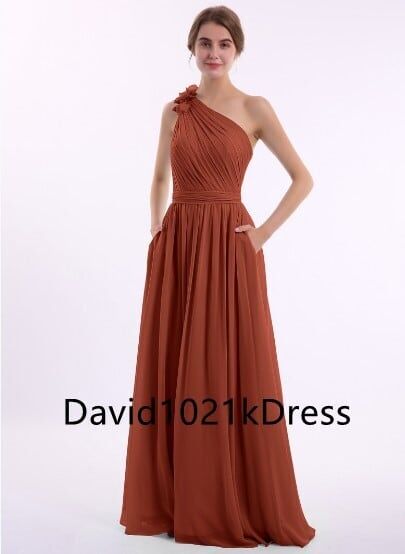 ワンショルダー パーティードレス トレンドの テラコッタ色 舞台ドレス  