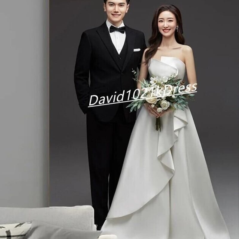 フランス風 ウェディングドレス オフホワイト ベアトップ 編み上げ  