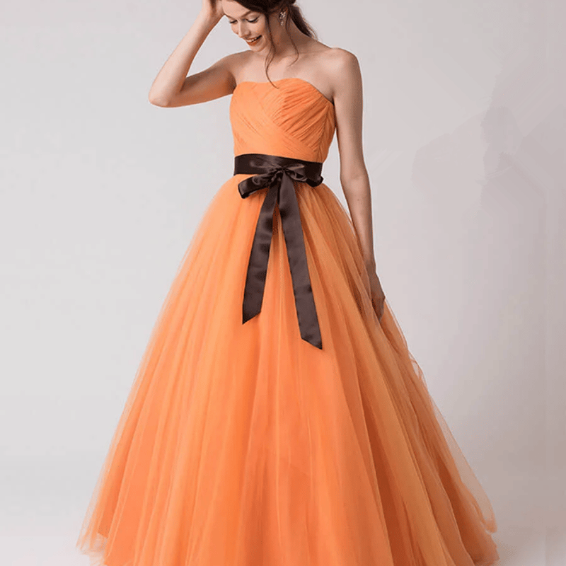 可愛い プリンセスライン オレンジ カラードレス 編み上げ 結婚式 ベア  