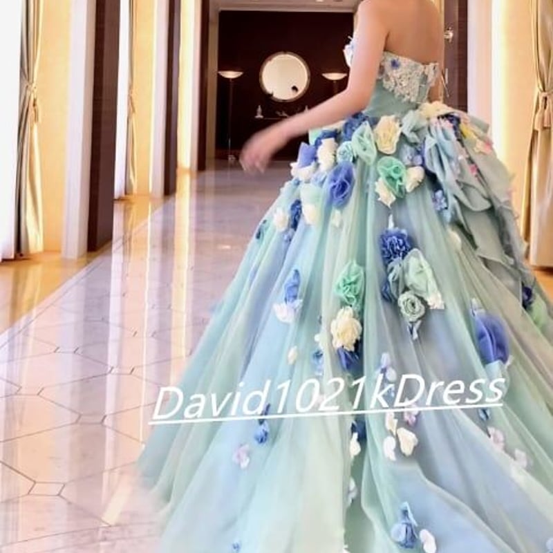 カラードレス 薄グリーン ソフトチュール ベアトップ 花びら付き 挙式  