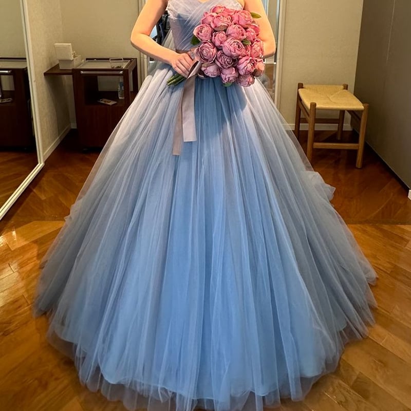 カラードレス ブルーグレー サッシュベルト ベアトップ チュール  