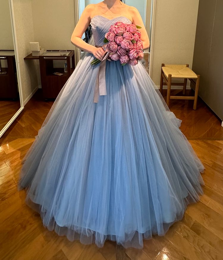 カラードレス ブルーグレー サッシュベルト ベアトップ チュール  