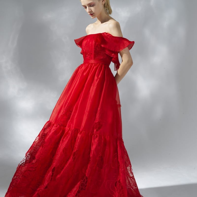 赤色 花柄刺繍 ストラップレスドレス