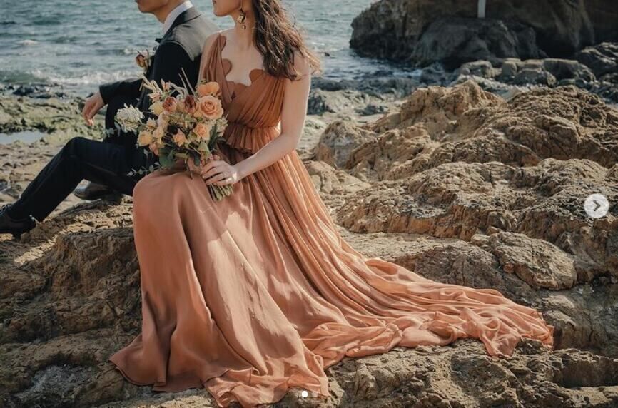 茶色テラコッタ カラードレス 発表会 挙式ドレス 前撮り用 2次会  