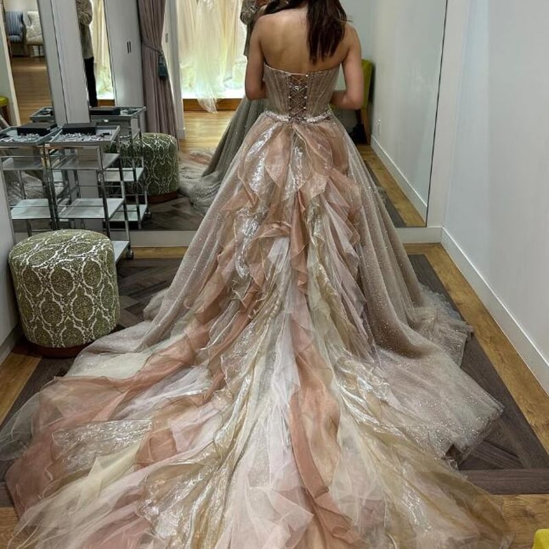 カラードレス カーキ色 取り外し袖 キラキラグリッターチュール  