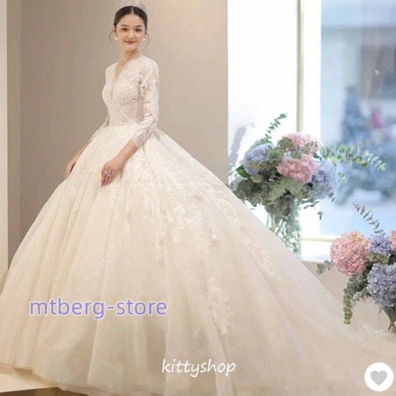 ウェディングドレス 白 袖あり 長袖 Vネック ウェディングドレス  