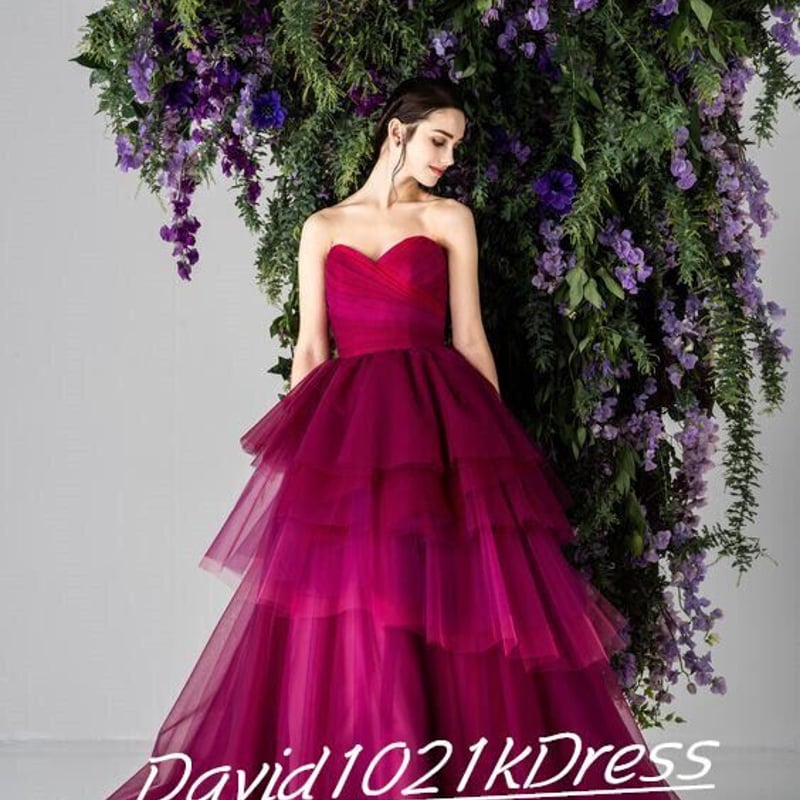 カラードレス ビビッドピンク ベアトップ ソフトチュール 結婚式  