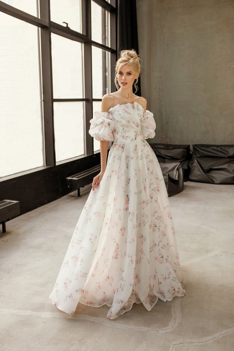 パーティードレス プリント模様 パフスリーブ 取り外し袖 ベアトップ  