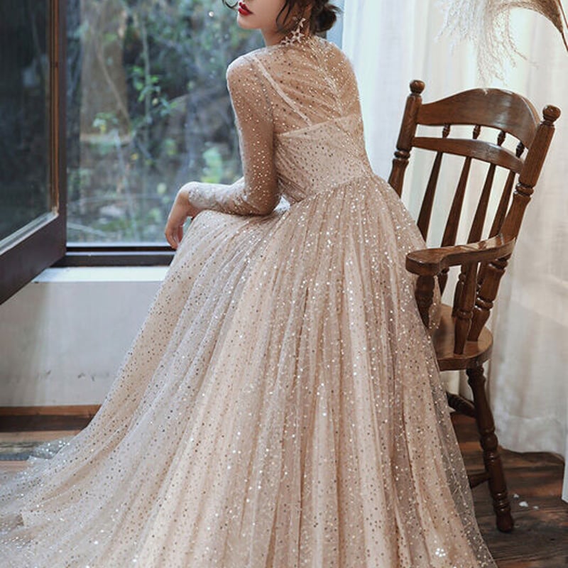 ロングドレス カラードレス 長袖 前撮り ゴールド パーティードレス  