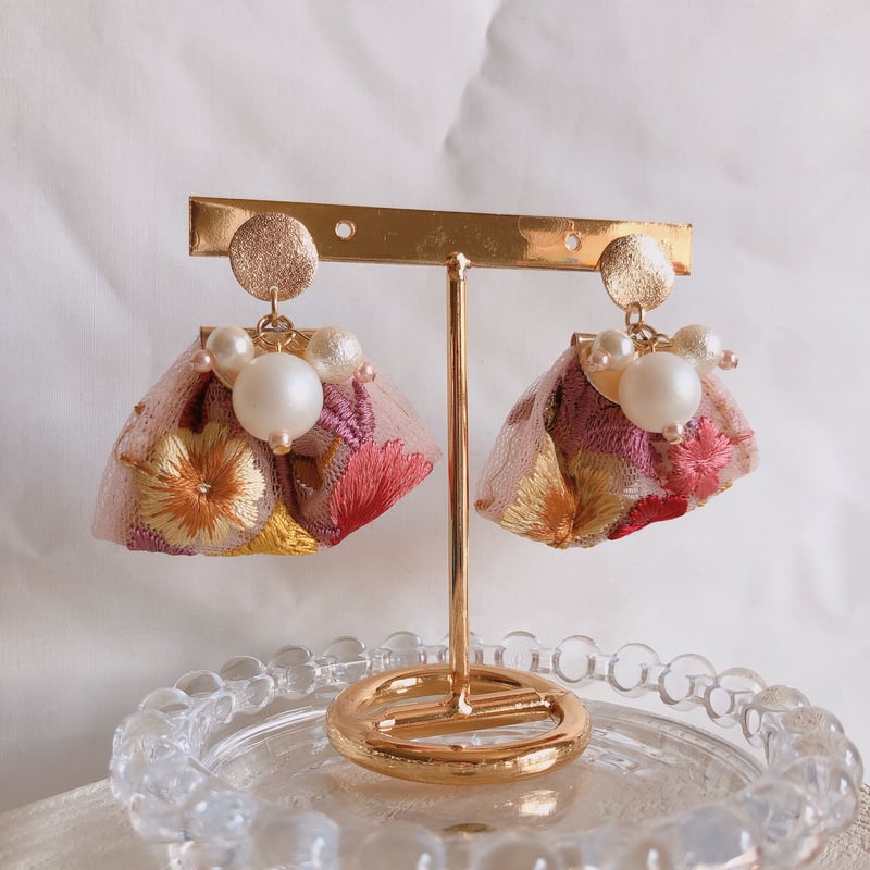 チュールリボンピアス（くすみピンク） | florentins365