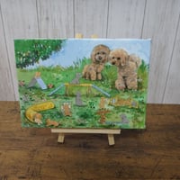 「ペチュニアとトイプードル」 アクリル画 SM キャンバス 原画 額なし トイプードル】うちの子絵画『初遊び／かるた』イラスト（額・マット