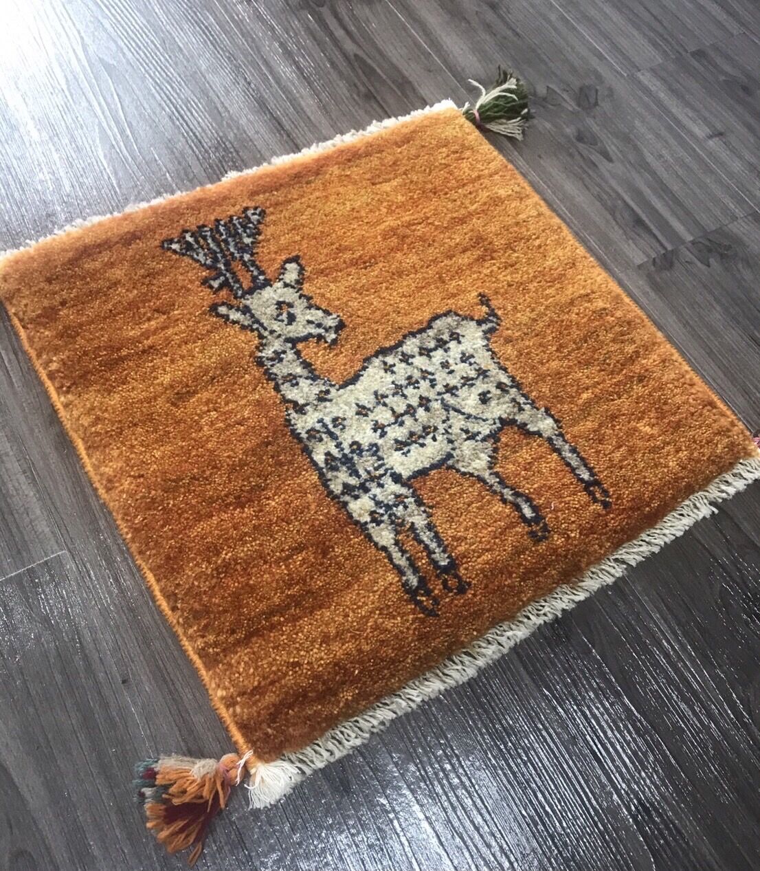 ペルシャ ギャッベ ミニマット 円形 41×40 黄金色 鹿 ギャッベ