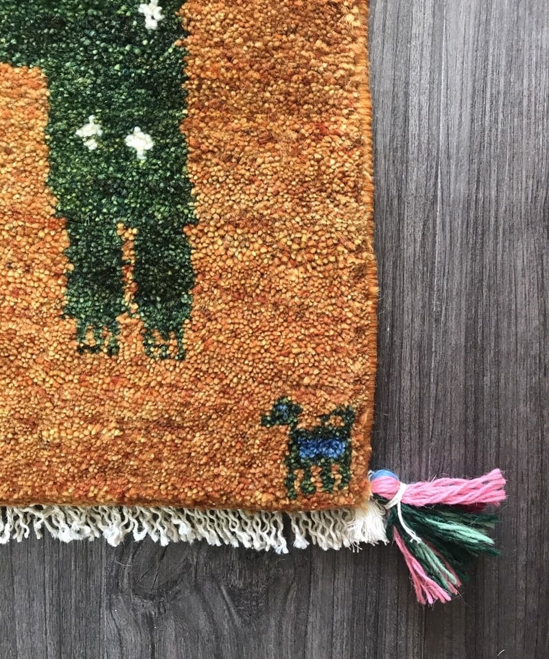 新品ペルシャ絨毯手織りギャッベライオン茜色みどり