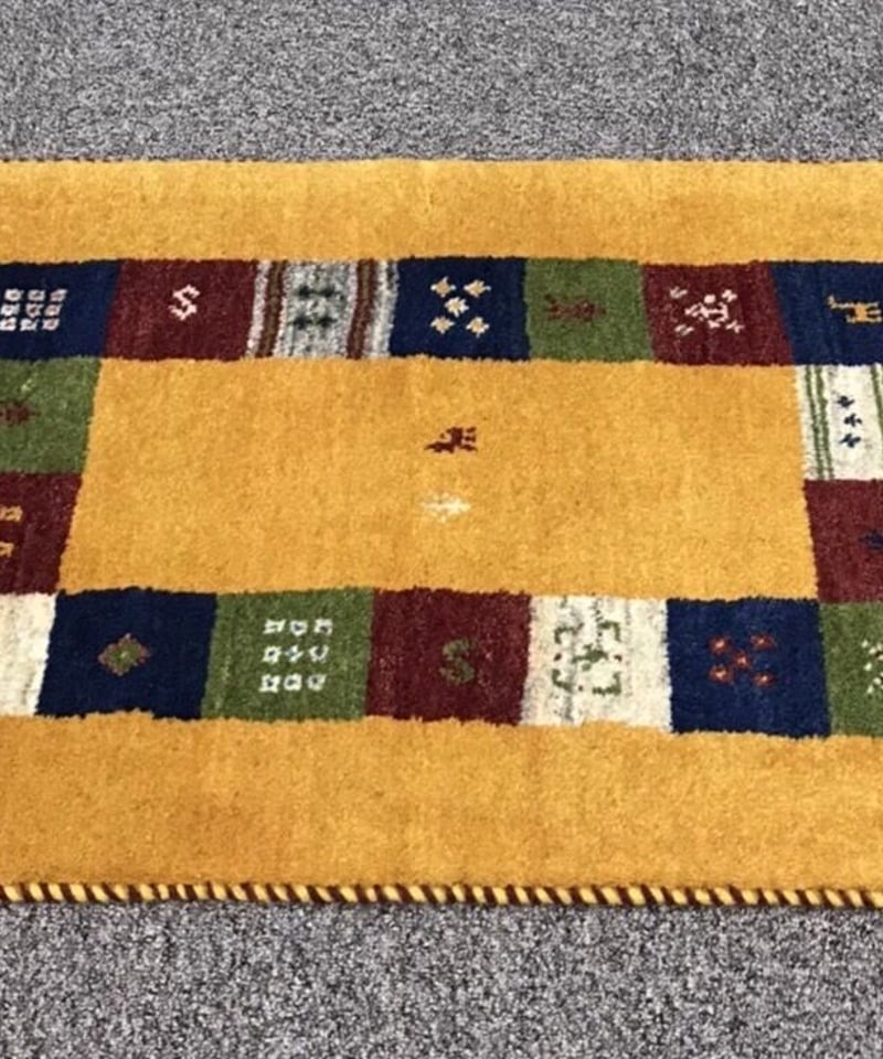 新品 ペルシャ絨毯 手織り ギャッベ 91cm×59cm 黄色 ケルマック 新品 ペルシャ絨毯 手織り ギャッベ 91cm×59cm 黄色 ケルマック