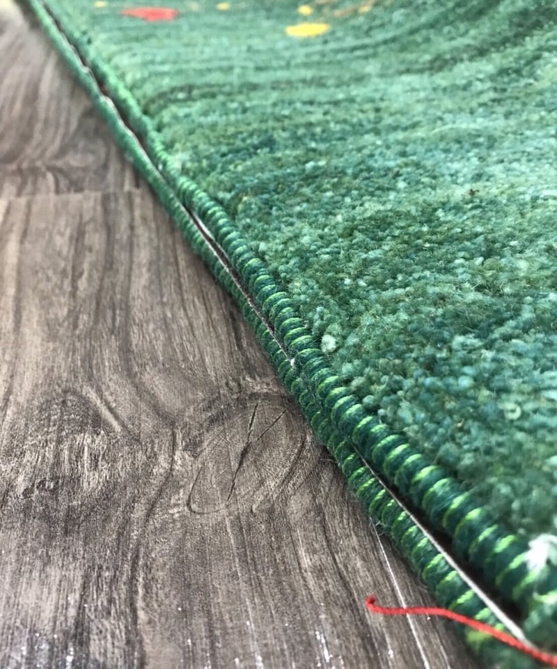 新品 ペルシャ絨毯 手織りリズギャッベ 86cm×57cm 緑 ザクロの木