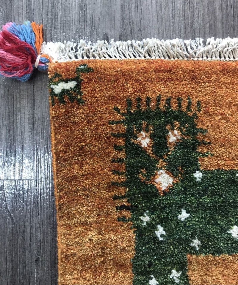 新品ペルシャ絨毯手織りギャッベライオン茜色みどり