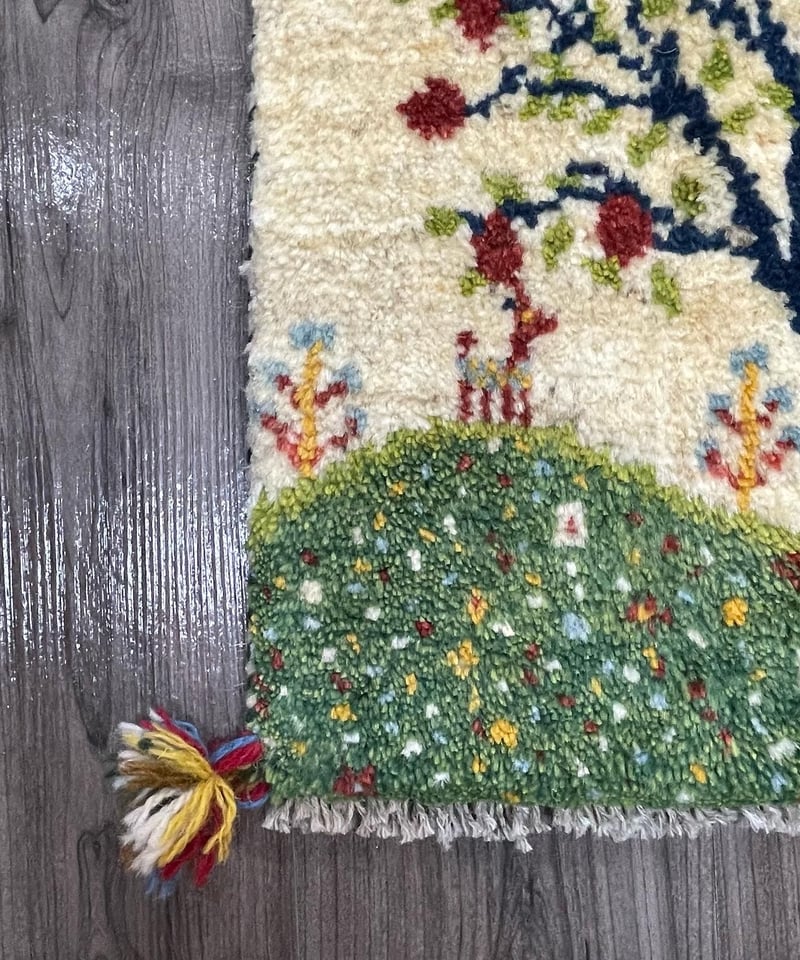 新品 ペルシャ絨毯 手織り ギャッベ 39cm×39cm ナチュラル ザクロの木 