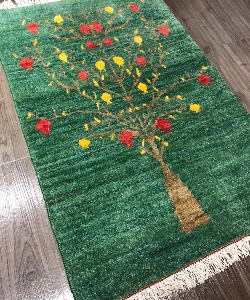 ペルシャ絨毯　リズギャッベ 新品 ペルシャ絨毯 手織りリズギャッベ 86cm×57cm 緑 ザクロの木