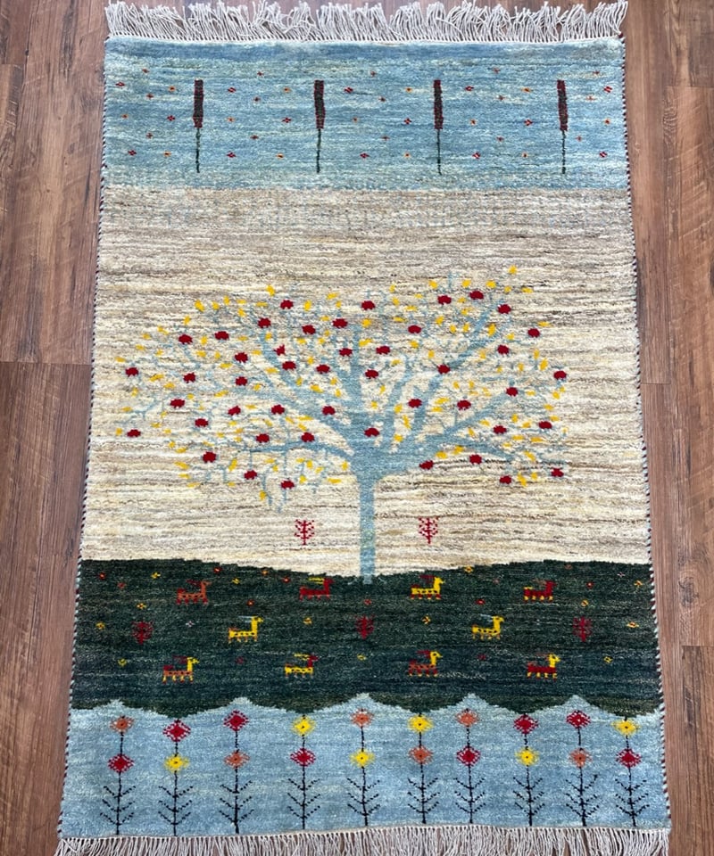 新品 ペルシャ絨毯 手織り リズ ギャッベ 122×85cm 風景 ザクロ 新品 ペルシャ絨毯 手織り リズ ギャッベ 122×85cm 風景 ザクロ
