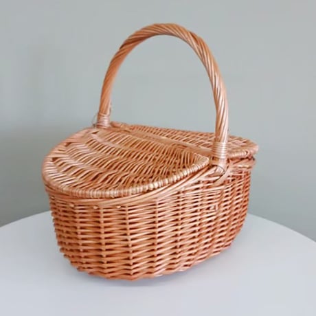 ウィロー(柳) ・1本手蓋付きウィッカーバスケット - 新品 -