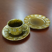 イギリス製ヴィンテージ＜LORD NWLSON POTTERY ＞カップ＆ソーサーとケーキ皿のセット(グリーン) - 未使用 -