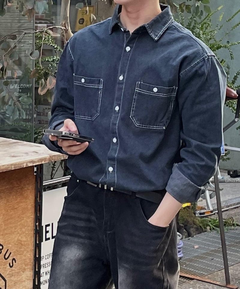 Stitch denim shirt | 韓国現地メンズカジュアルAttract Lite