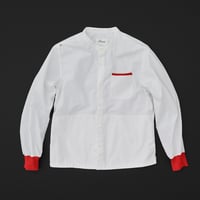 motone ユニセックス　マルチポケットシャツ　白×赤