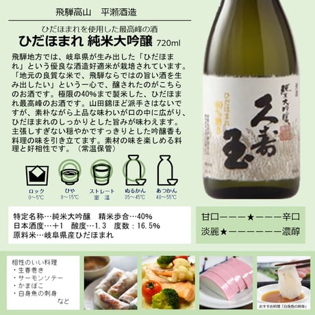 ⑪久寿玉 ひだほまれ 純米大吟醸 720ml