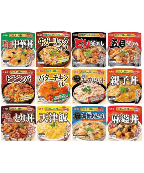 丸美屋 ごはん付き12食（五目中華丼、とり釜めし、牛ガーリックライス、五目釜めし、ビビンバ、バターチキンカレー、チーズリゾット、親子丼、炭火焼風とり丼、天津飯、海鮮あんかけ、麻婆丼）
