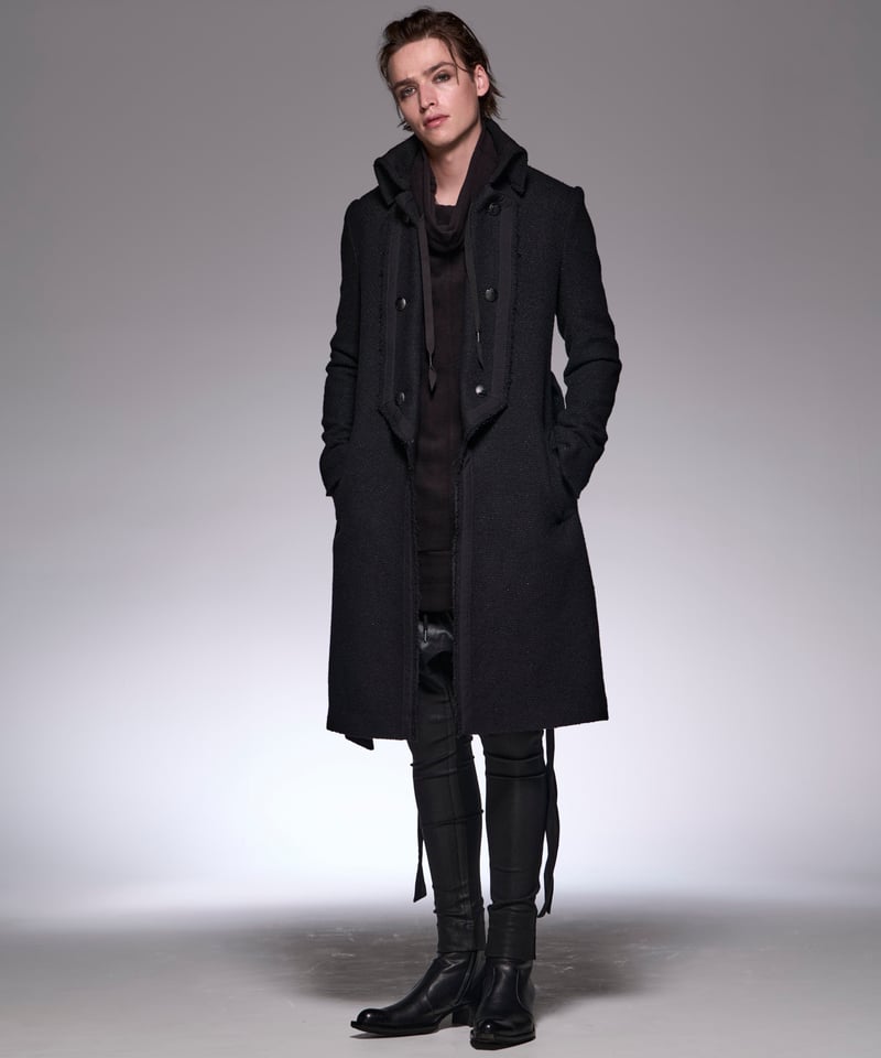 Black Ring Lame Tweed Cut Off Napoleon Coat | D