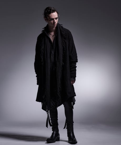 Damage Border Dolman Fringe Cardigan (BK)
