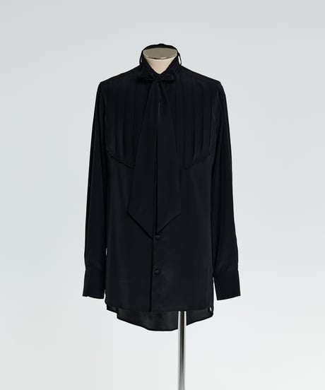 Pin Tuck Ribbon Shirt-BLACK