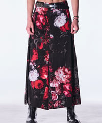 Goth Flora Suede Satin Wide Tuck Slacks-Black